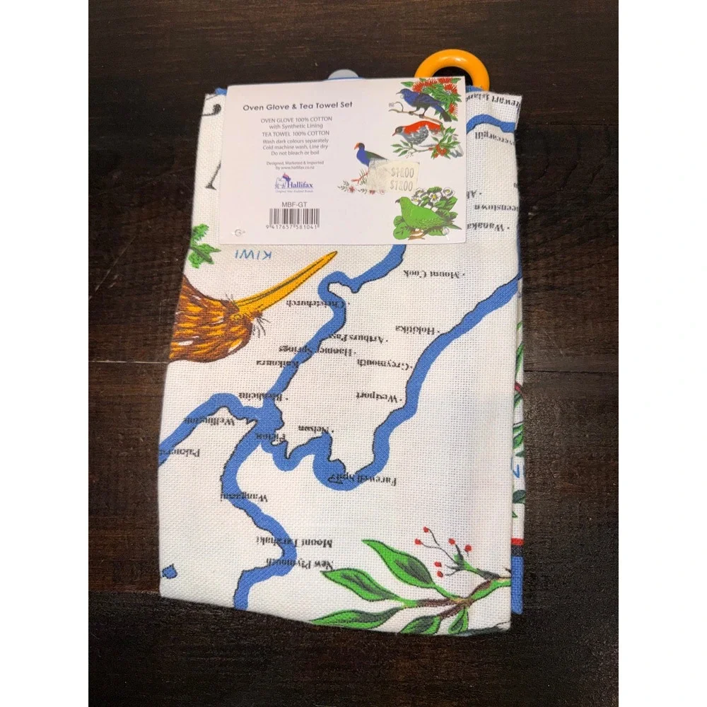 Hallifax New Zealand Birds & Flowers Oven Glove and Tea Towel Set MBF-GT‎ New